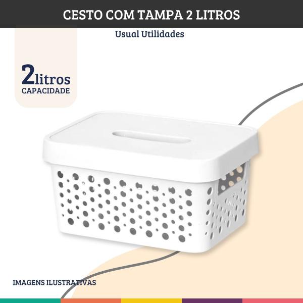 Imagem de Cesto Branco 2 Litros Com Tampa Caixa Organizadora Usual