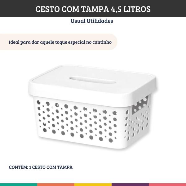 Imagem de Cesto Branco 4,5 Litros Com Tampa Caixa Organizadora Usual