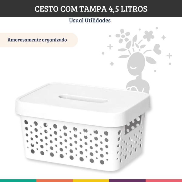 Imagem de Cesto Branco 4,5 Litros Com Tampa Caixa Organizadora Usual