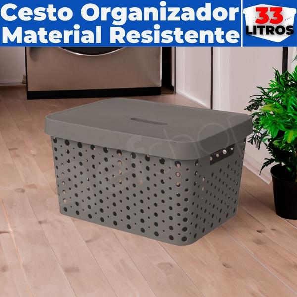 Imagem de Cesto Caixa Organizadora Rattan Grande Com Tampa 33 Litros (46x34x24)