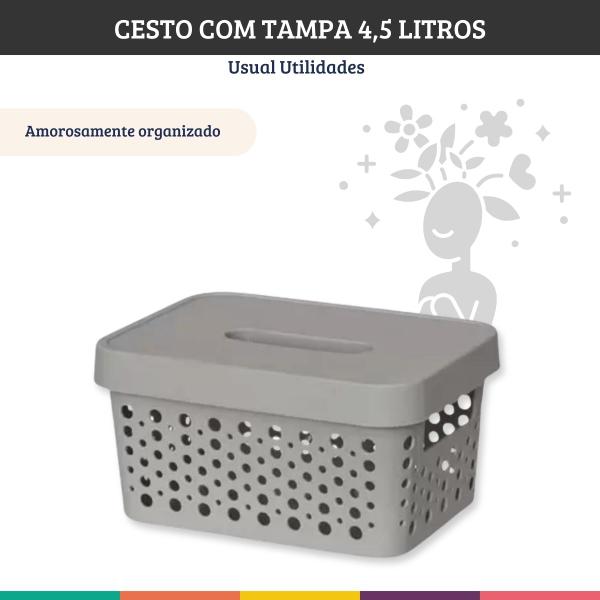 Imagem de Cesto Cinza 4,5 Litros Com Tampa Caixa Organizadora Usual