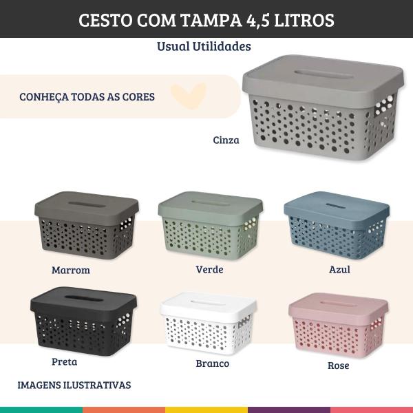 Imagem de Cesto Cinza 4,5 Litros Com Tampa Caixa Organizadora Usual