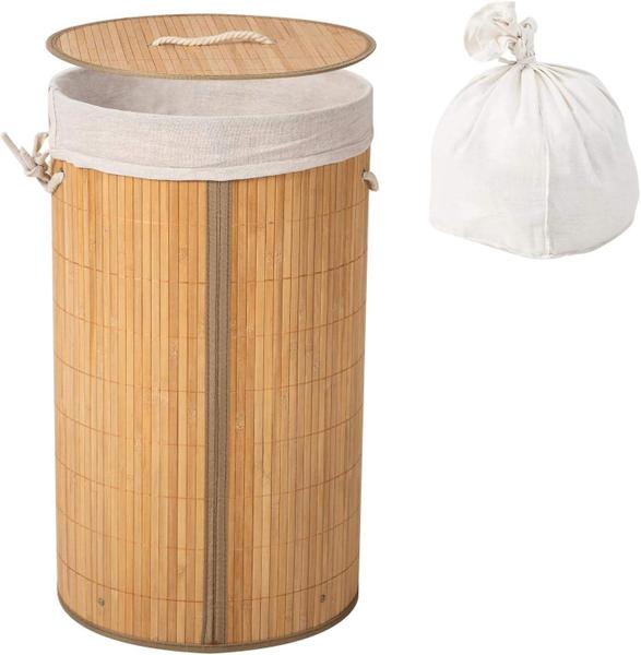 Imagem de Cesto De Bambu Roupas Sujas C Forro Banheiro Lavanderia 60l