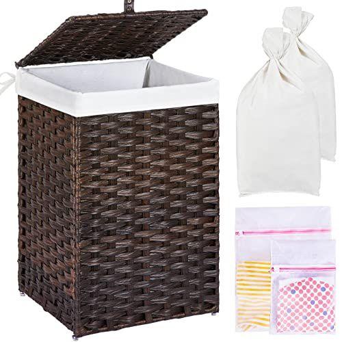 Imagem de Cesto de lavanderia Greenstell com Tampa, Cesto de Roupas 60L com 2 Sacos de Forro Removível e 2 Sacos de Roupa de Malha, Cesta de Roupa de Rattan Sintético à mão para roupas, brinquedos no banheiro, quarto marrom