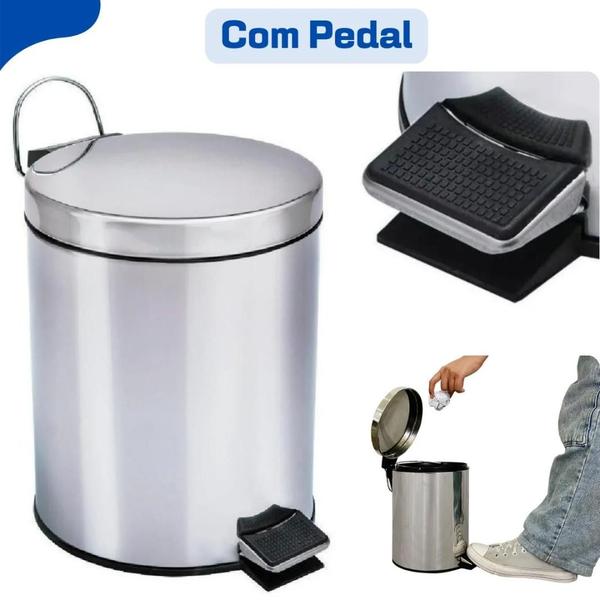 Imagem de Cesto De Lixo 5 litros 100 Inox Com Pedal Para Banheiro e Cozinha Hallure