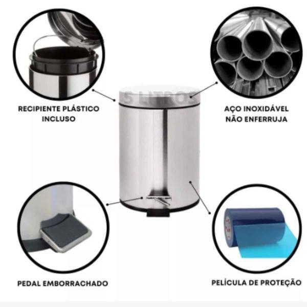 Imagem de Cesto De Lixo 5lts 100% Inox Com Pedal Banheiro E Cozinha