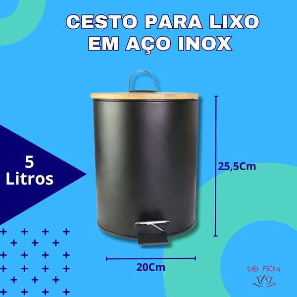 Imagem de Cesto De Lixo Pedal 5 litros Inox Preto Tampa Bambu Banheiro Lixeira Cozinha Escritório Redonda Luxo