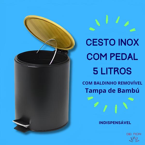 Imagem de Cesto De Lixo Pedal 5 litros Inox Preto Tampa Bambu Banheiro Lixeira Cozinha Escritório Redonda Luxo