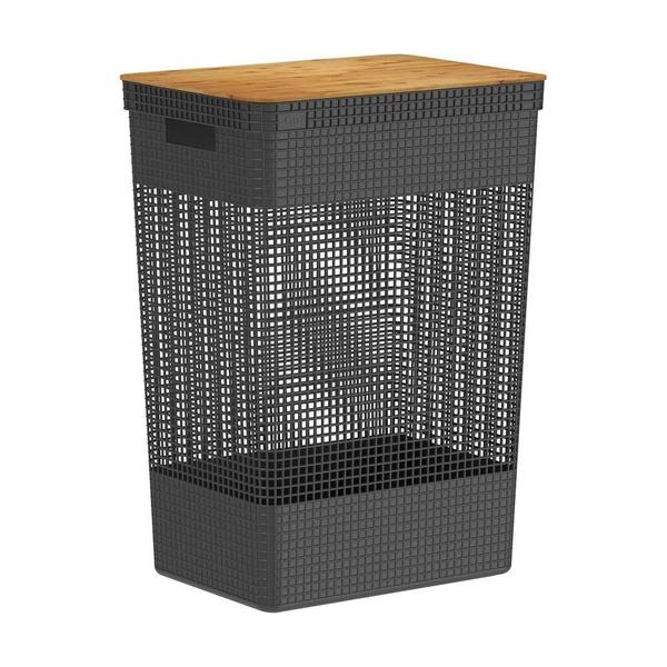 Imagem de Cesto de Roupa Grid Preto 49 L com Tampa de Bambu 38 x 28 x 55,6 cm Ou