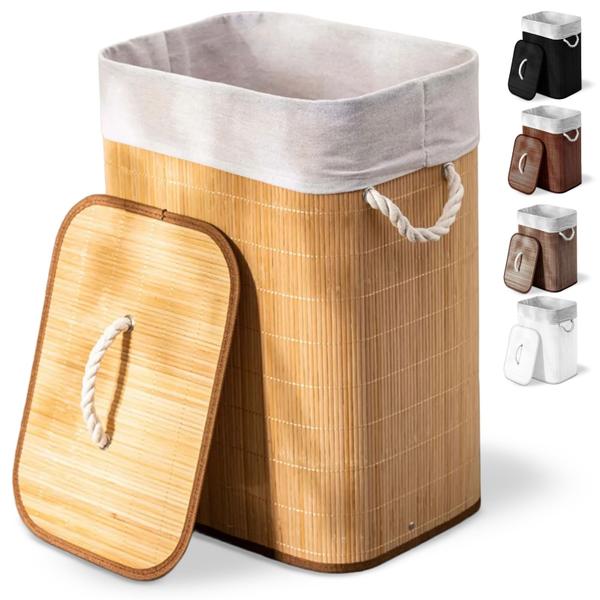 Cesto de roupa suja de bambu com tampa e alças 50 litros organizador lavanderia brinquedos... Cesto de roupa suja de bambu com tampa e alças 50 litros organizador lavanderia brinquedos...