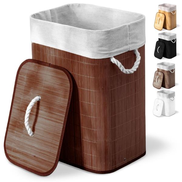 Cesto de roupa suja de bambu com tampa e alças 50 litros organizador lavanderia brinquedos... Cesto de roupa suja de bambu com tampa e alças 50 litros organizador lavanderia brinquedos...
