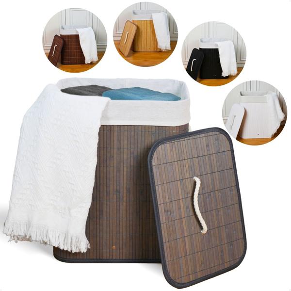 Cesto de roupa suja de bambu com tampa e alças 50 litros organizador lavanderia brinquedos... Cesto de roupa suja de bambu com tampa e alças 50 litros organizador lavanderia brinquedos...