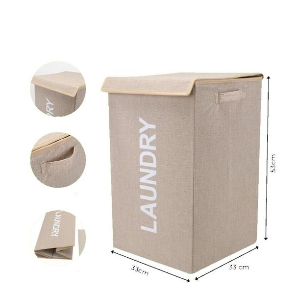 Imagem de Cesto de roupa suja dobrável 60l tampa organizador multiuso bege lavanderia quarto luxo