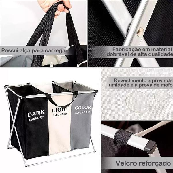 Imagem de Cesto De Roupa Suja Dobrável Organizador 3 Compartimentos Cor Preto/Branco/Cinza