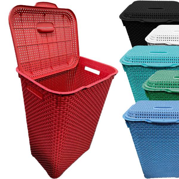 Imagem de Cesto De Roupa Suja Grande Rattan Telado Organizador Resistente Lavanderia 72 Litros Vermelho