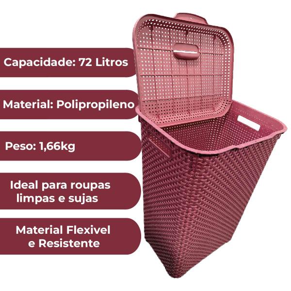 Imagem de Cesto De Roupa Suja Rattan 72 Litros Resistente Lavanderia - ROSÊ