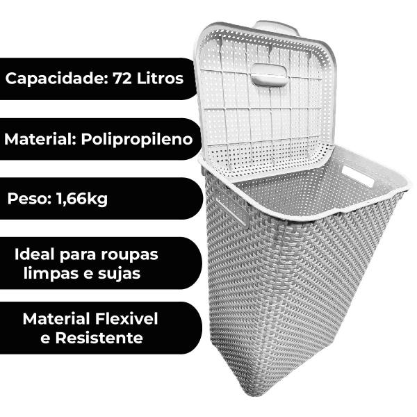 Imagem de Cesto De Roupa Suja Rattan Organizador 72 Litros Resistente Lavanderia Branco