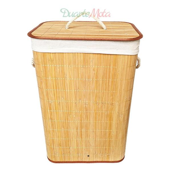 Imagem de Cesto De Roupa Suja Retangular Em Bambu Forrado Com Tampa