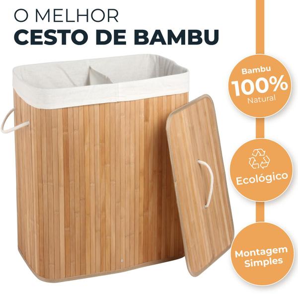 Imagem de Cesto De Roupas Bambu Retangular Banheiro Lavanderia Duplo