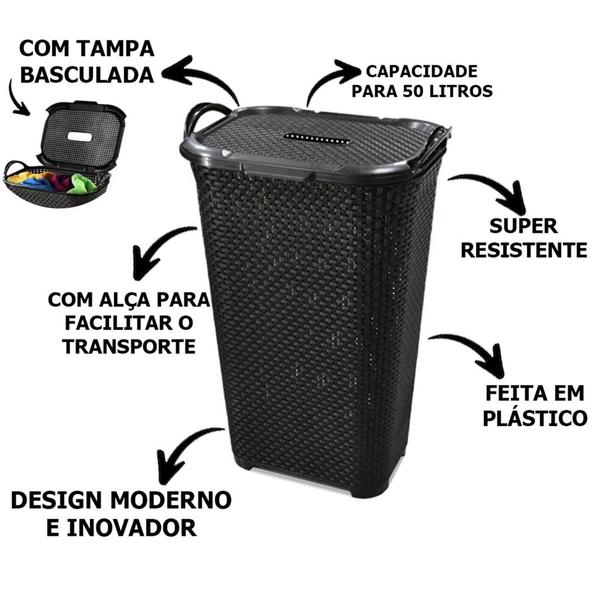 Imagem de Cesto De Roupas Rattan Tampa Basculada Com Alça 50 Litros