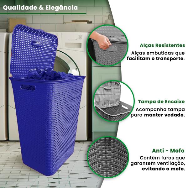 Imagem de Cesto De Roupas Suja Com Tampa Telado Rattan 72 Litros Resistente Organizador Diversas Cores