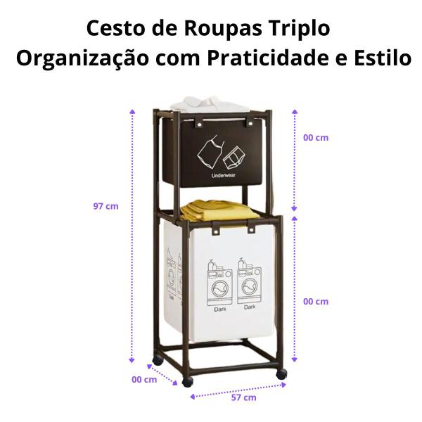 Imagem de Cesto de Roupas Sujas Duplo Móvel Com Rodas Lavanderia Banheiro Organização