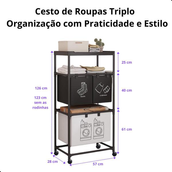 Imagem de Cesto de Roupas Sujas Triplo Móvel Com RODAS Lavanderia Banheiro Organização