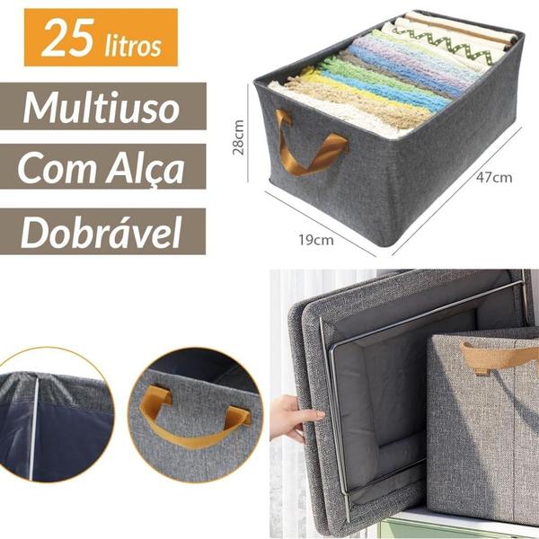 Imagem de Cesto Dobrável com Alça 25 Litros Cinza para Gaveta Armário Roupeiro Escritório Brinquedos Lavanderia Plástico - Organizador de Roupa e Acessórios