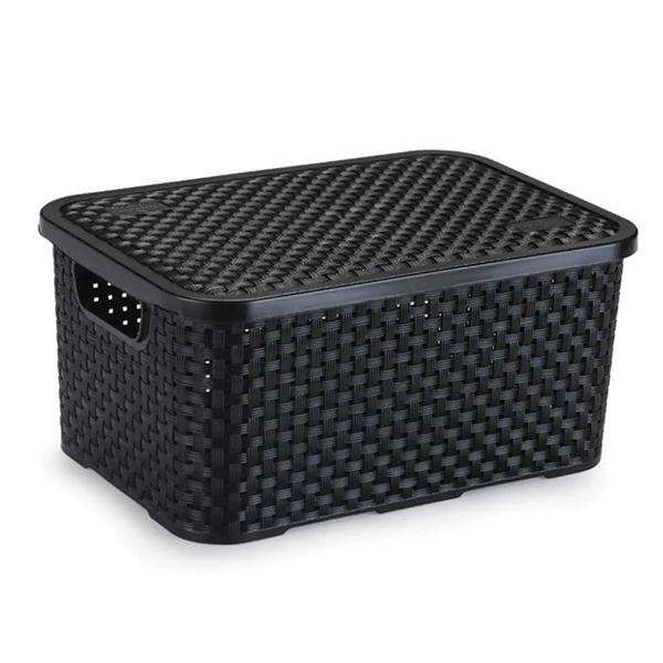 Cesto Eco Organizador Preto Rattan Médio Com Tampa Nitron Imagem de Cesto Eco Organizador Preto Rattan Médio Com Tampa Nitron