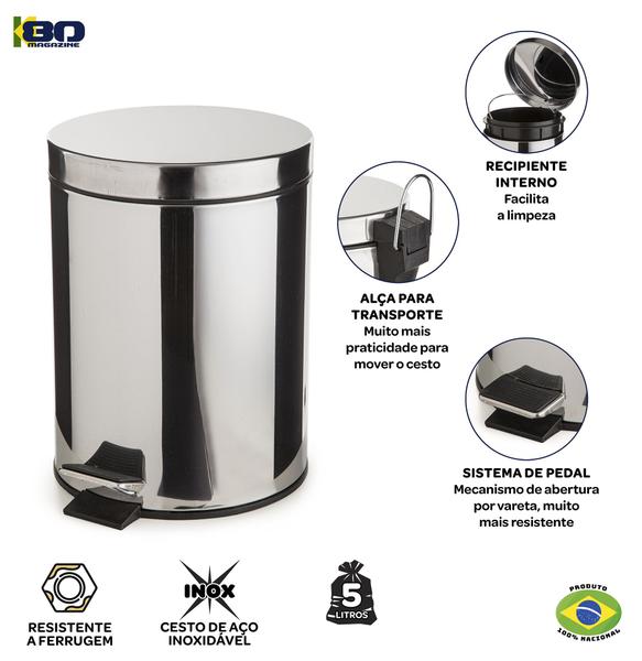 Imagem de Cesto Lixeira Inox 5 Litros Pedal Ideal Saquinho Mercado Banheiro Cozinha