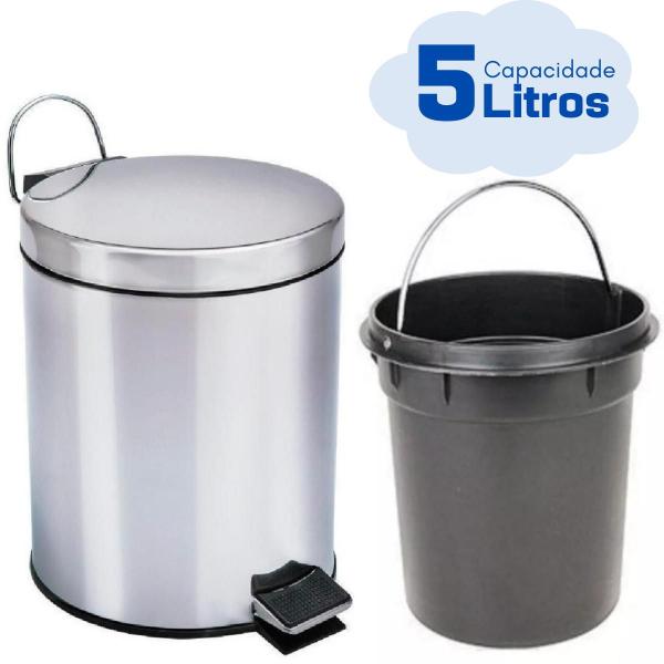 Imagem de Cesto Lixo Aço Inox Corpo e Tampa C/Alça Cesto Interno Removível Plástico Com Alça Sofisticada Volume 5 Litros