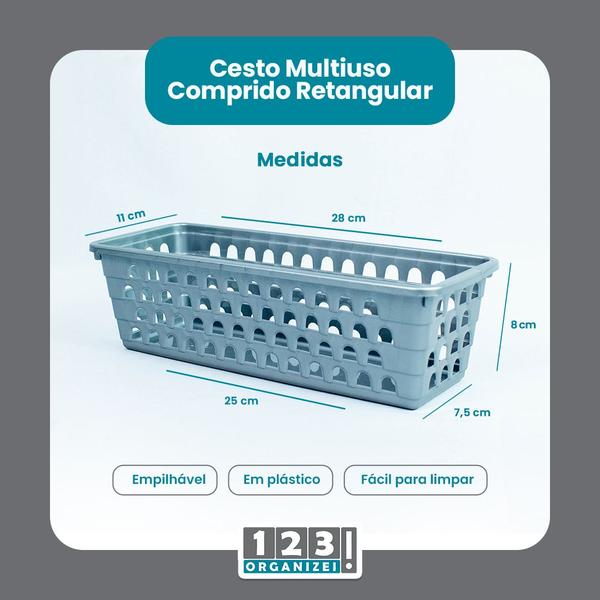 Imagem de Cesto Multiuso Comprido Retangular Cinza 28x11x8 Cm 123Organizei