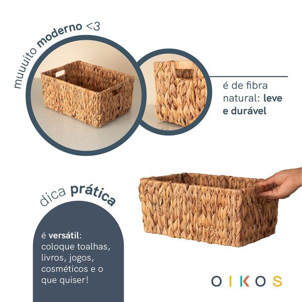 cesto organizador 35cm retangular com aças de palha fibra natural- Oikos Imagem de cesto organizador 35cm retangular com aças de palha fibra natural- Oikos