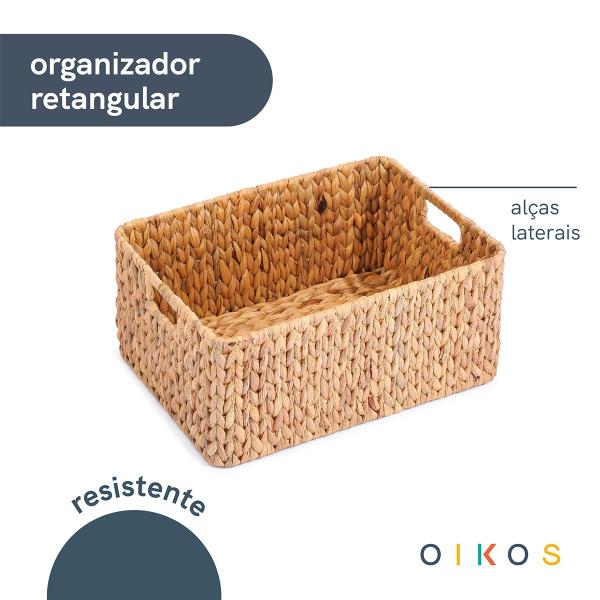 cesto organizador 35cm retangular com aças de palha fibra natural- Oikos Imagem de cesto organizador 35cm retangular com aças de palha fibra natural- Oikos