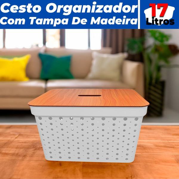 Imagem de Cesto Organizador Ármario Gaveta Rattan 17L Com Tampa de Madeira