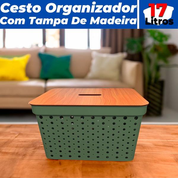 Imagem de Cesto Organizador Ármario Gaveta Rattan 17L Com Tampa de Madeira