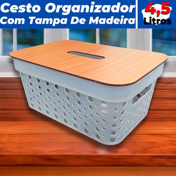 Cesto Organizador Armários Gavetas 4,5L Com Tampa de madeira - Ef Shop Imagem de Cesto Organizador Armários Gavetas 4,5L Com Tampa de madeira
