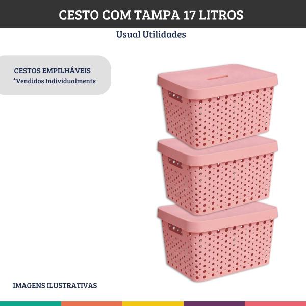 Imagem de Cesto Organizador Com Tampa 17l Rosa Multiuso Retangular