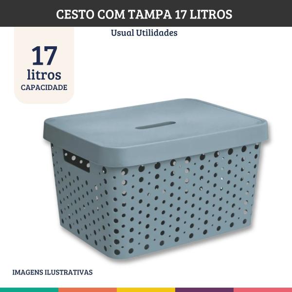 Imagem de Cesto Organizador Com Tampa Azul Roupa Brinquedo 17 Litros