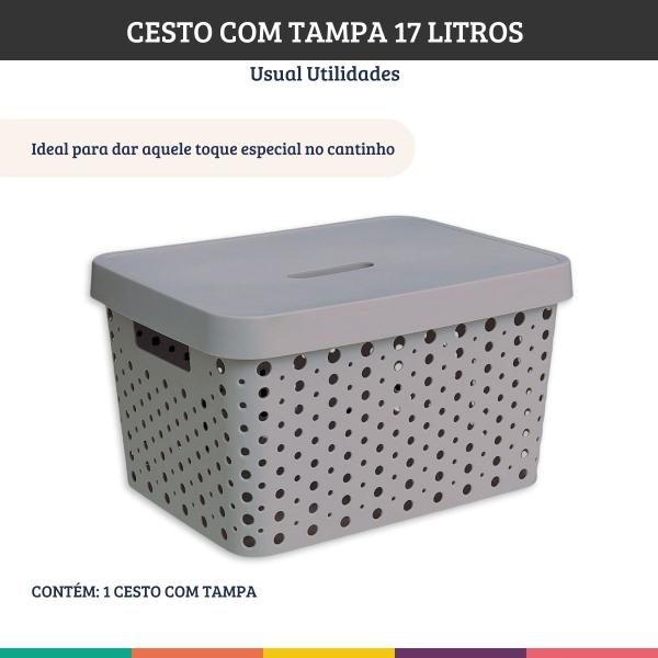 Imagem de Cesto Organizador Com Tampa Cinza Roupa Brinquedo 17 Litros