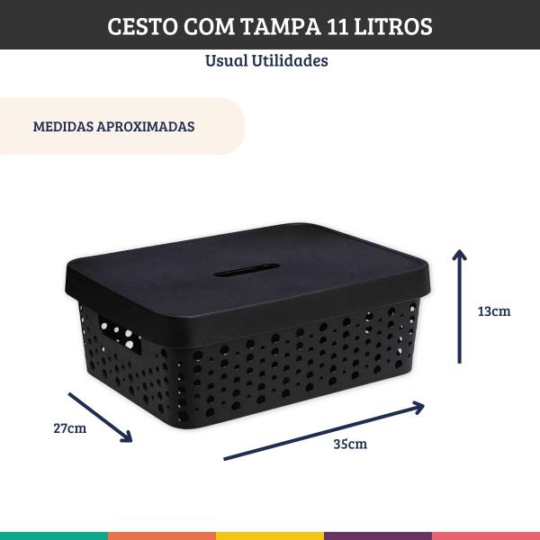 Imagem de Cesto Organizador Com Tampa Preto Roupa Brinquedo 11 Litros