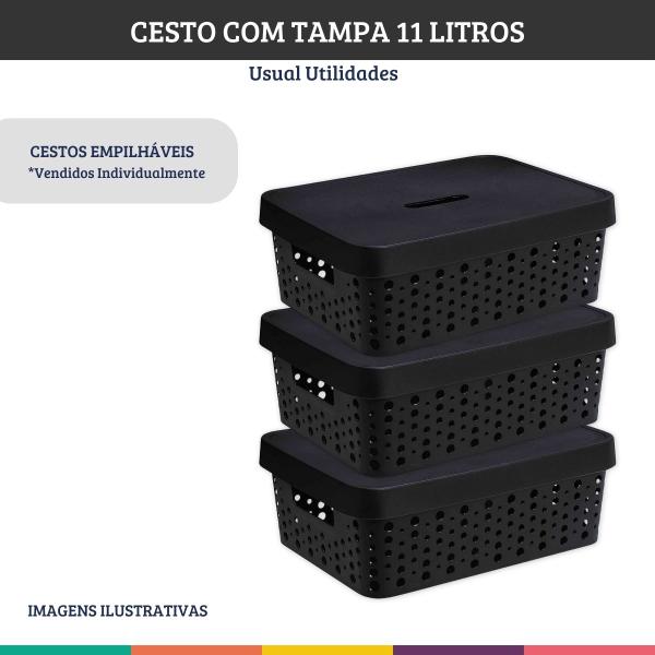 Imagem de Cesto Organizador Com Tampa Preto Roupa Brinquedo 11 Litros