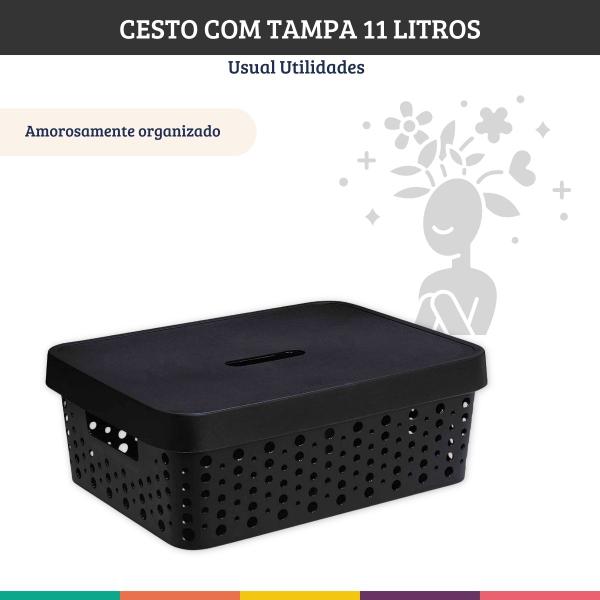 Imagem de Cesto Organizador Com Tampa Preto Roupa Brinquedo 11 Litros