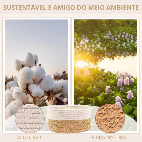 Imagem de Cesto Organizador de Fibra Natural Palha com Algodão Médio 24cm Organização Decoração Design Armazenamento