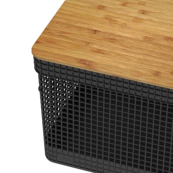 Imagem de Cesto Organizador Grid em Plástico Preto com Tampa em Bambu 20L 38x28x22,2cm - Ou