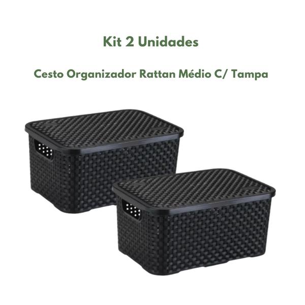 Imagem de Cesto Organizador Rattan Médio C/ Tampa - Preto 2 Unidades