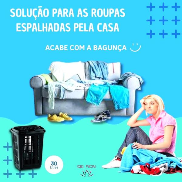 Imagem de Cesto Organizador Roupas Suja Limpa Lavanderia Multiuso Tampa Medio Vazado Plastico Preto Retangular