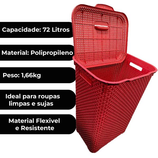 Imagem de Cesto Para Roupa Suja Retangular 72 Litros Com Tampa Rattan - VERMELHO