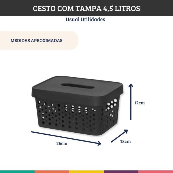 Imagem de Cesto Preto 4,5 Litros Com Tampa Caixa Organizadora Usual