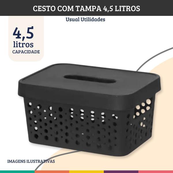 Imagem de Cesto Preto 4,5 Litros Com Tampa Caixa Organizadora Usual